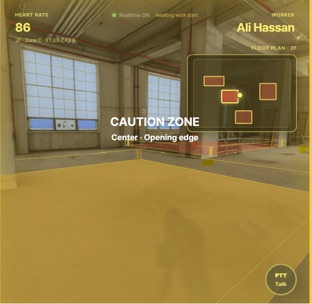 MR Visor — 노란 경계 가이드 (CAUTION ZONE)